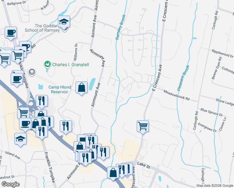 map of restaurants, bars, coffee shops, grocery stores, and more near 331 Cambridge Drive in Ramsey
