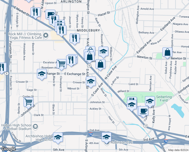 map of restaurants, bars, coffee shops, grocery stores, and more near 952 East Exchange Street in Akron