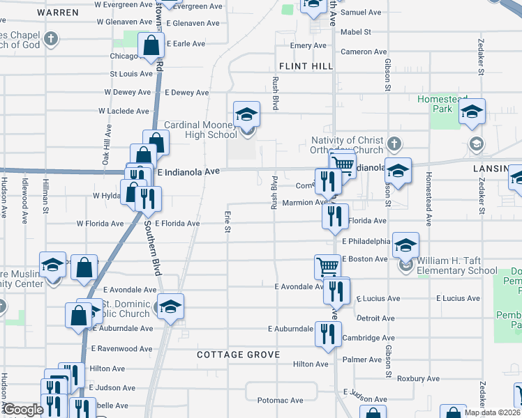 map of restaurants, bars, coffee shops, grocery stores, and more near 260 Marmion Avenue in Youngstown