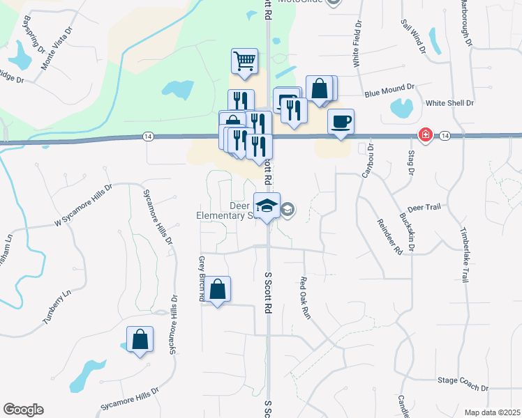 map of restaurants, bars, coffee shops, grocery stores, and more near 1388-1452 South Scott Road in Fort Wayne