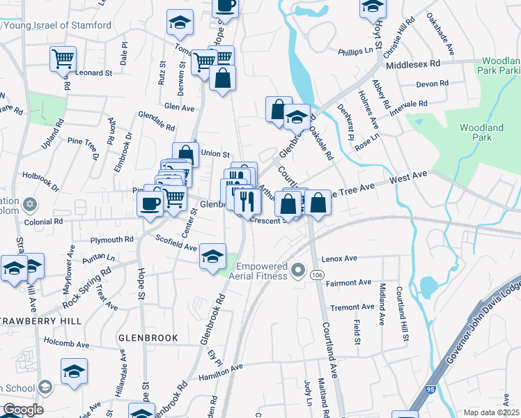 map of restaurants, bars, coffee shops, grocery stores, and more near 62 Arthur Place in Stamford
