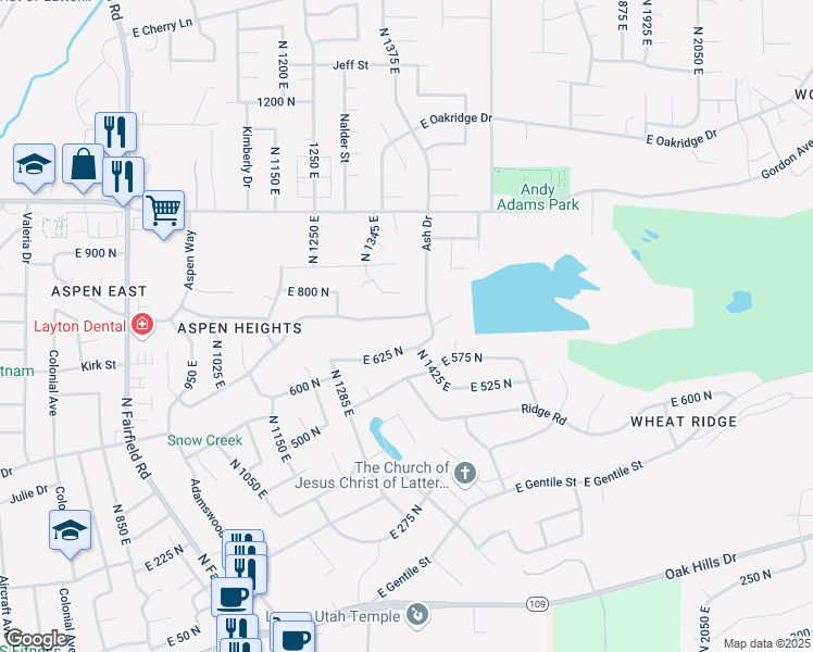 map of restaurants, bars, coffee shops, grocery stores, and more near 1428 East Snowcreek Drive in Layton