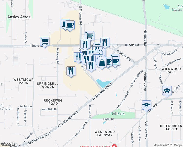 map of restaurants, bars, coffee shops, grocery stores, and more near 1725 Apple Glen Boulevard in Fort Wayne