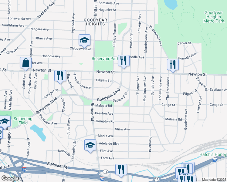 map of restaurants, bars, coffee shops, grocery stores, and more near 1617 Hillside Terrace in Akron