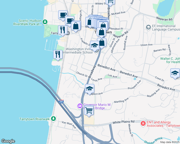 map of restaurants, bars, coffee shops, grocery stores, and more near 155 South Broadway in Tarrytown