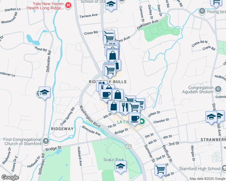 map of restaurants, bars, coffee shops, grocery stores, and more near 3001 Summer Street in Stamford