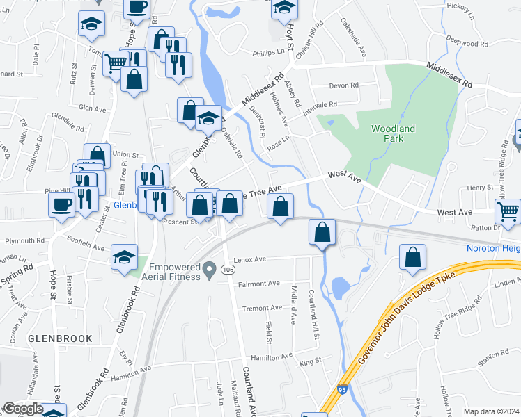 map of restaurants, bars, coffee shops, grocery stores, and more near 69 Maple Tree Avenue in Stamford