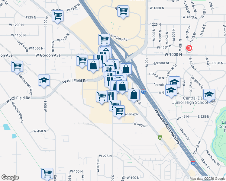 map of restaurants, bars, coffee shops, grocery stores, and more near 686 650 in Layton