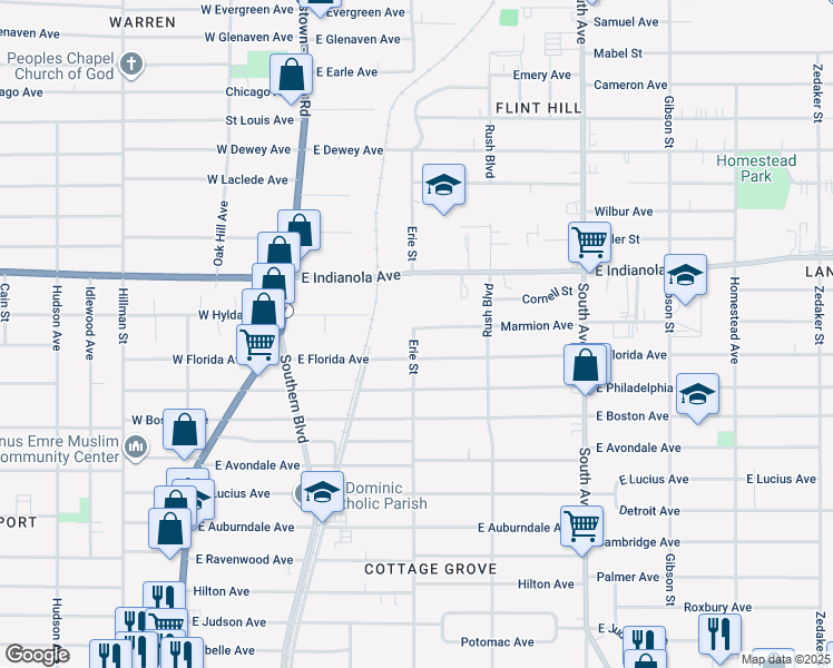 map of restaurants, bars, coffee shops, grocery stores, and more near 203 Marmion Avenue in Youngstown