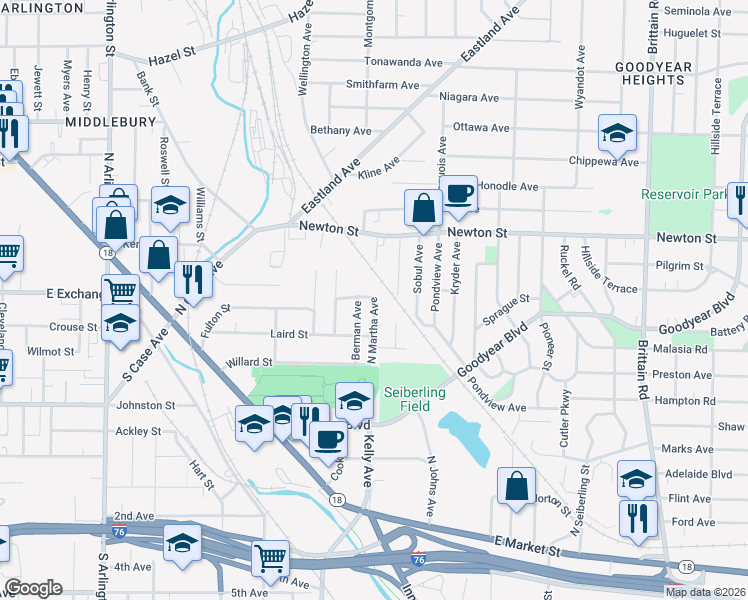 map of restaurants, bars, coffee shops, grocery stores, and more near 210 North Martha Avenue in Akron