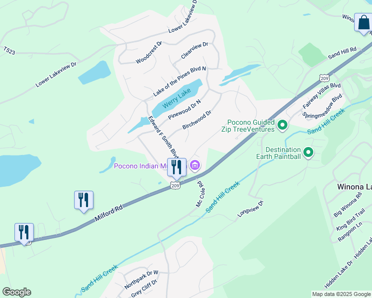 map of restaurants, bars, coffee shops, grocery stores, and more near 117 Aspen Circle in East Stroudsburg