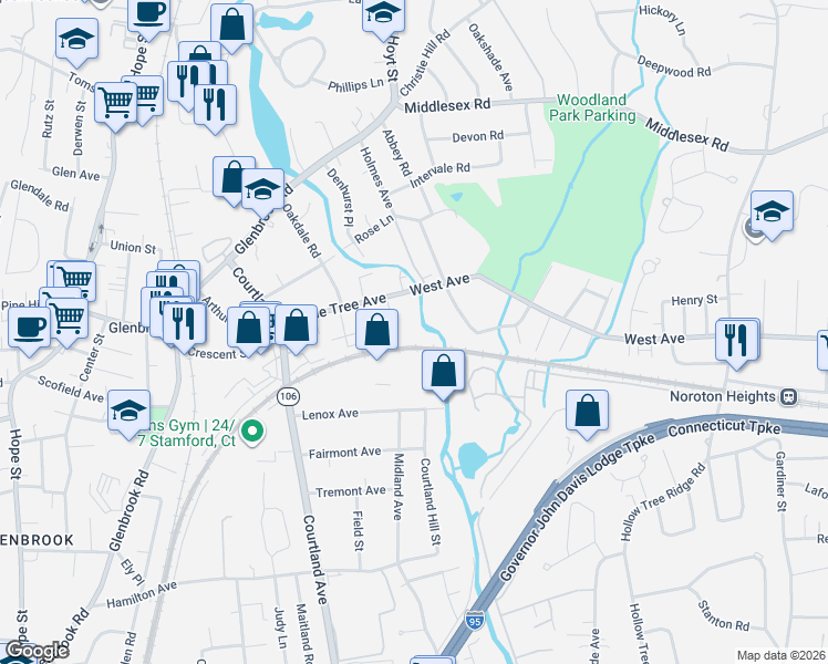 map of restaurants, bars, coffee shops, grocery stores, and more near 92 Holmes Avenue in Darien
