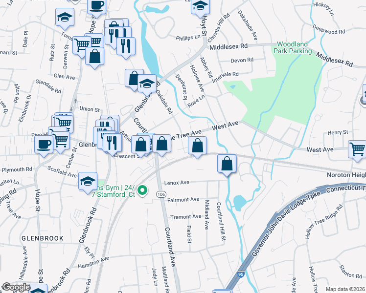 map of restaurants, bars, coffee shops, grocery stores, and more near 63 Maple Tree Avenue in Stamford