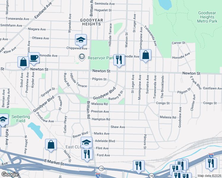 map of restaurants, bars, coffee shops, grocery stores, and more near 1617 Hillside Terrace in Akron