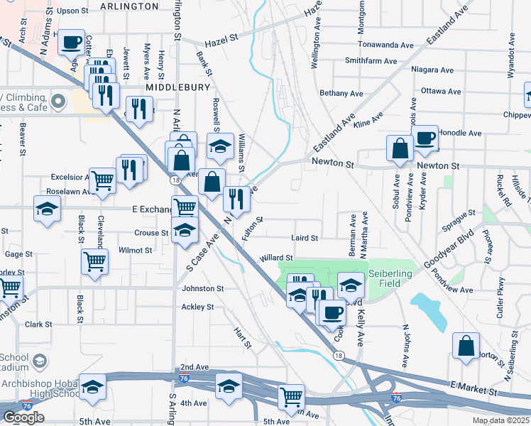 map of restaurants, bars, coffee shops, grocery stores, and more near 1065 Dublin Street in Akron