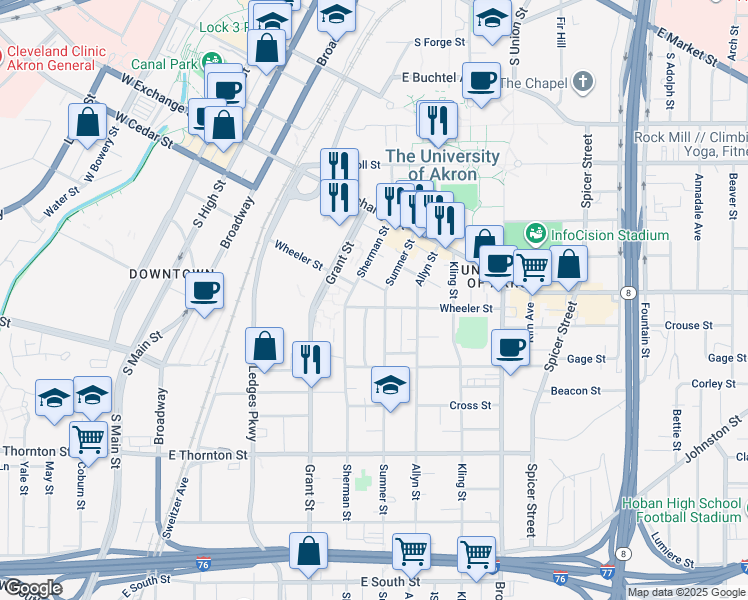 map of restaurants, bars, coffee shops, grocery stores, and more near 415 Sherman Street in Akron