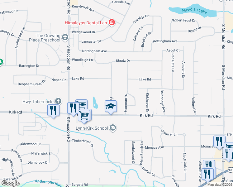 map of restaurants, bars, coffee shops, grocery stores, and more near 2821 Evelyn Road in Youngstown
