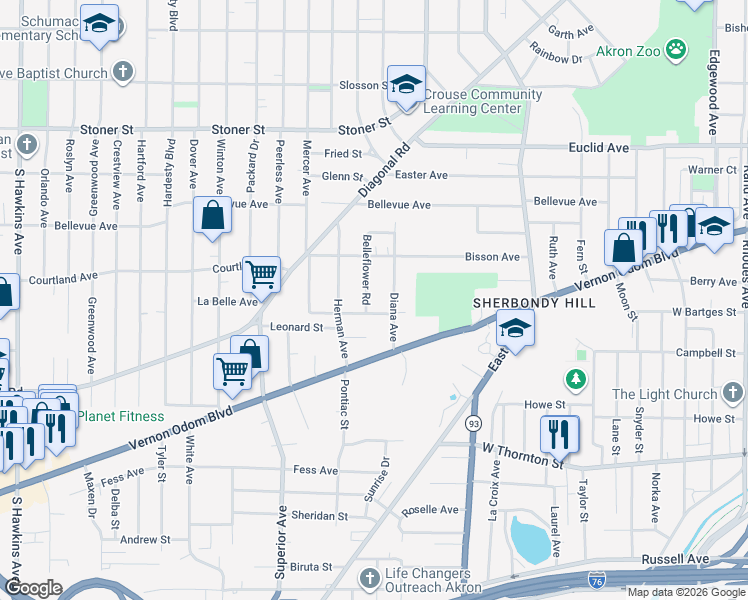 map of restaurants, bars, coffee shops, grocery stores, and more near 1198 Belleflower Road in Akron