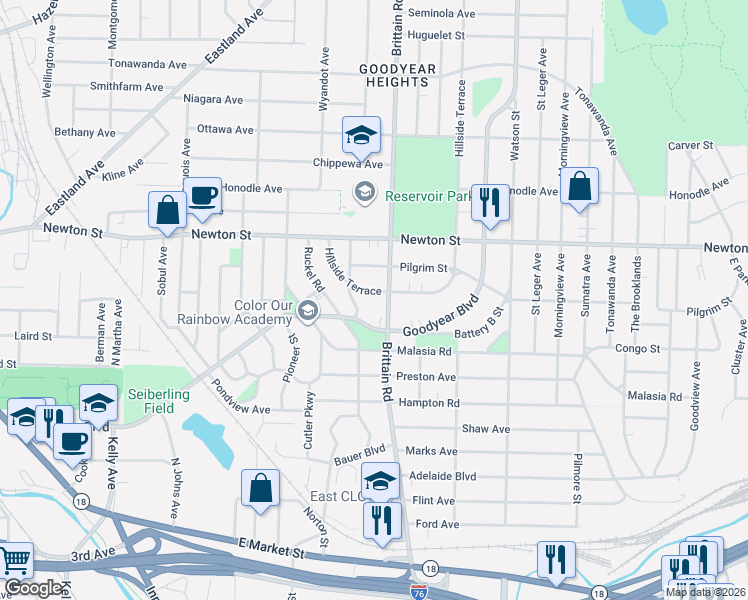 map of restaurants, bars, coffee shops, grocery stores, and more near 1533 Hillside Terrace in Akron