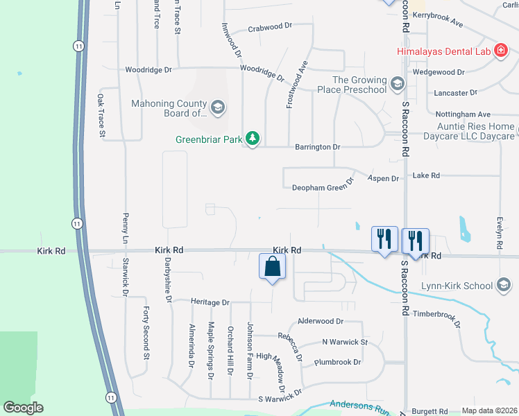 map of restaurants, bars, coffee shops, grocery stores, and more near 4680 Kirk Road in Youngstown