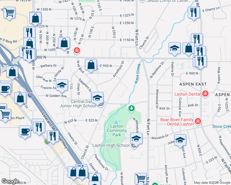 map of restaurants, bars, coffee shops, grocery stores, and more near 814 Church Street in Layton