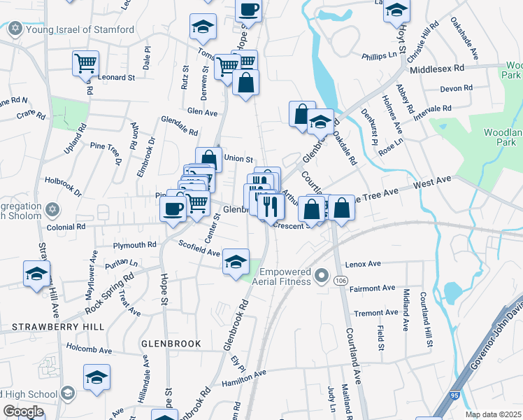 map of restaurants, bars, coffee shops, grocery stores, and more near 58 Church Street in Stamford
