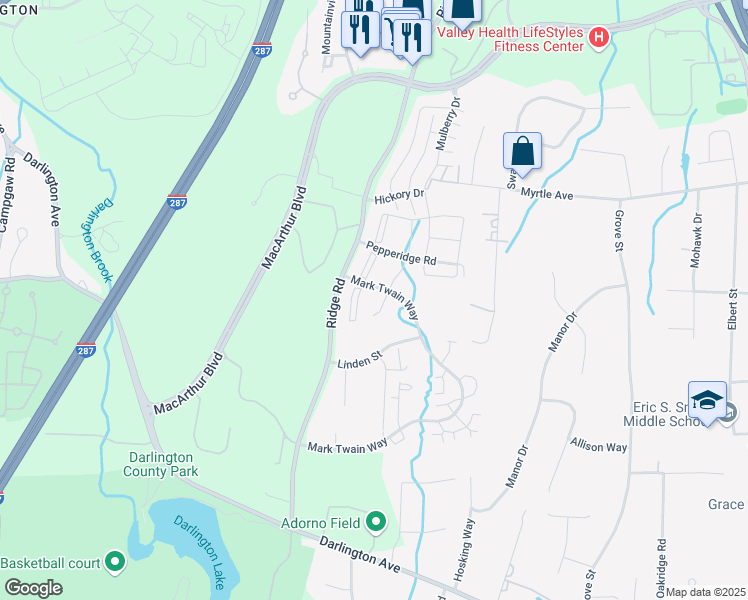 map of restaurants, bars, coffee shops, grocery stores, and more near 457 Poets Way in Mahwah