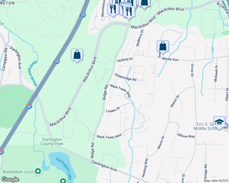 map of restaurants, bars, coffee shops, grocery stores, and more near 457 Poets Way in Mahwah
