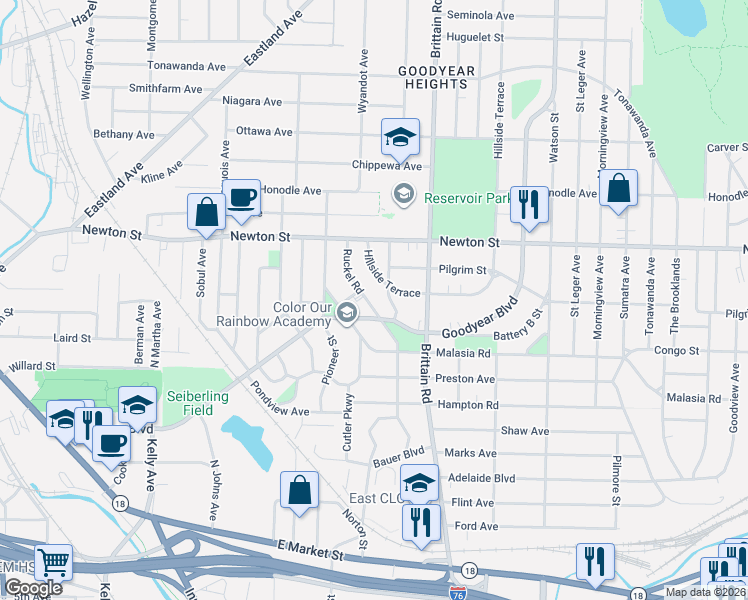 map of restaurants, bars, coffee shops, grocery stores, and more near 1490 Hillside Terrace in Akron