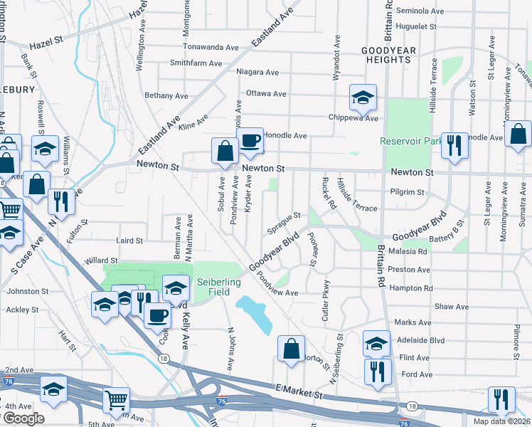 map of restaurants, bars, coffee shops, grocery stores, and more near 320 Para Avenue in Akron