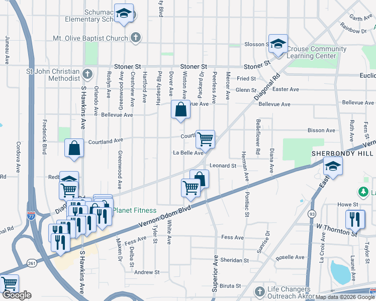 map of restaurants, bars, coffee shops, grocery stores, and more near 1230 Winton Avenue in Akron