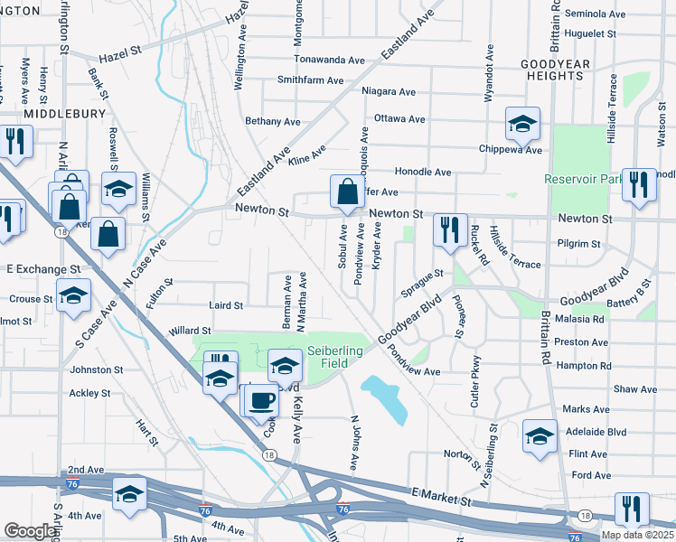 map of restaurants, bars, coffee shops, grocery stores, and more near 250 Sobul Avenue in Akron