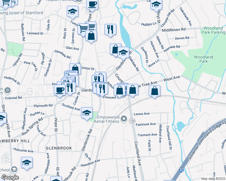 map of restaurants, bars, coffee shops, grocery stores, and more near 35 Arthur Place in Stamford