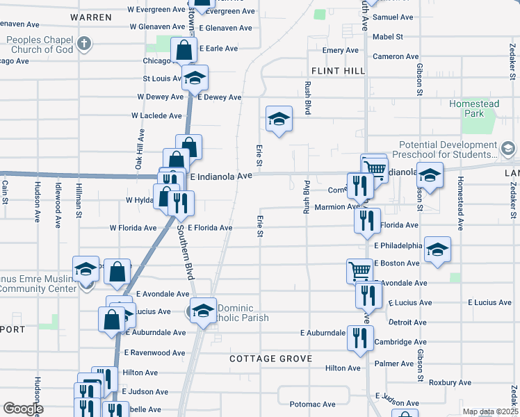 map of restaurants, bars, coffee shops, grocery stores, and more near Erie Street in Youngstown