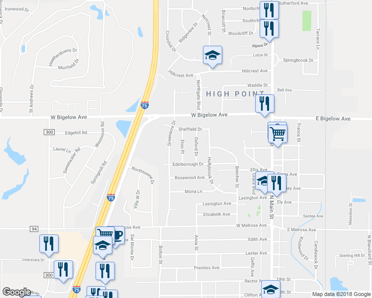 map of restaurants, bars, coffee shops, grocery stores, and more near 2621 Eton Place in Findlay