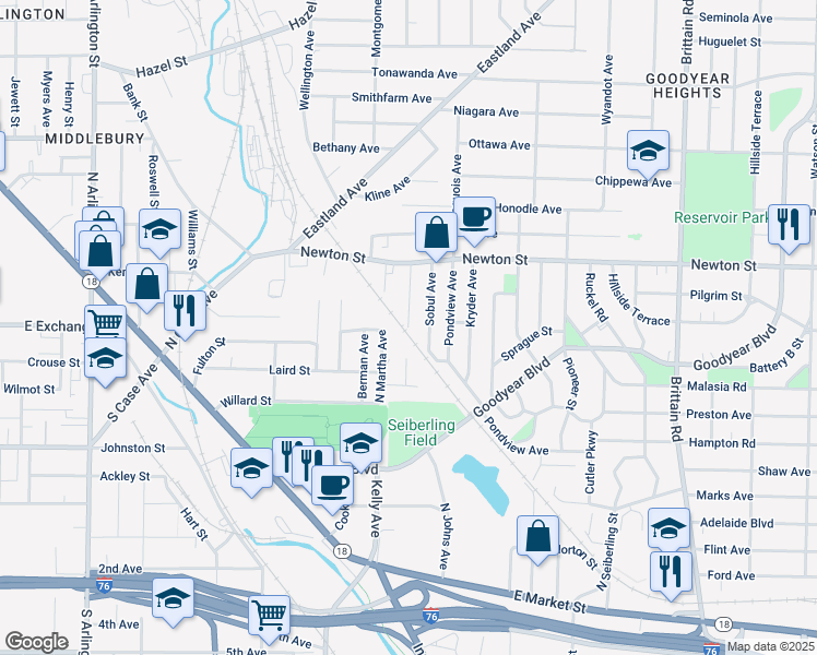 map of restaurants, bars, coffee shops, grocery stores, and more near 250 Barder Avenue in Akron