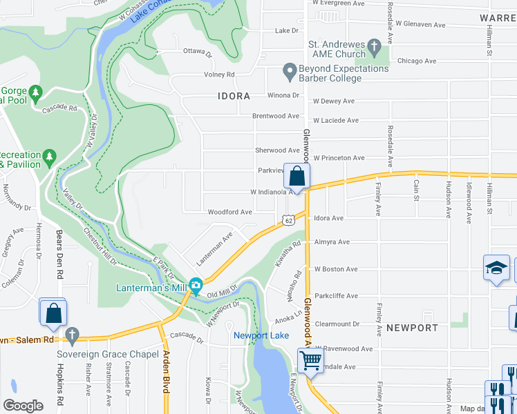 map of restaurants, bars, coffee shops, grocery stores, and more near 830 Woodford Avenue in Youngstown