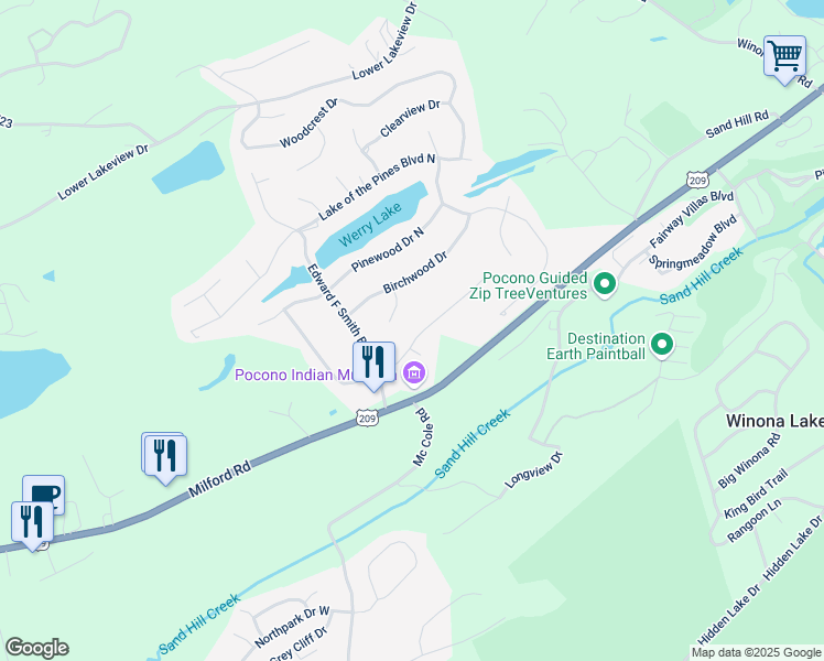 map of restaurants, bars, coffee shops, grocery stores, and more near 80 Pine Ridge Road in East Stroudsburg