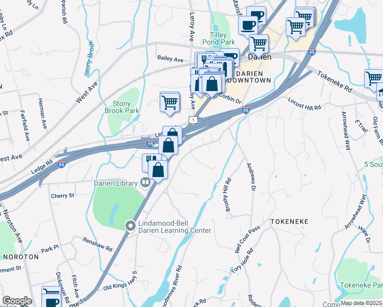 map of restaurants, bars, coffee shops, grocery stores, and more near 3 Waring Lane in Darien