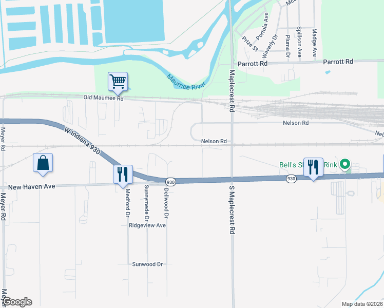 map of restaurants, bars, coffee shops, grocery stores, and more near 1701 Estella Avenue in Fort Wayne