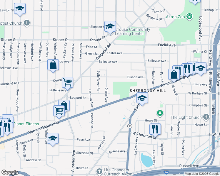 map of restaurants, bars, coffee shops, grocery stores, and more near 949 Diana Avenue in Akron