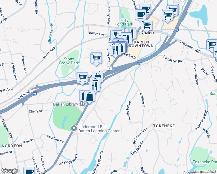 map of restaurants, bars, coffee shops, grocery stores, and more near 3 Waring Lane in Darien