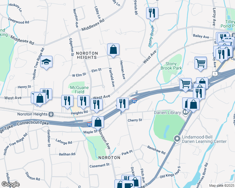map of restaurants, bars, coffee shops, grocery stores, and more near 3 Fairfield Avenue in Darien