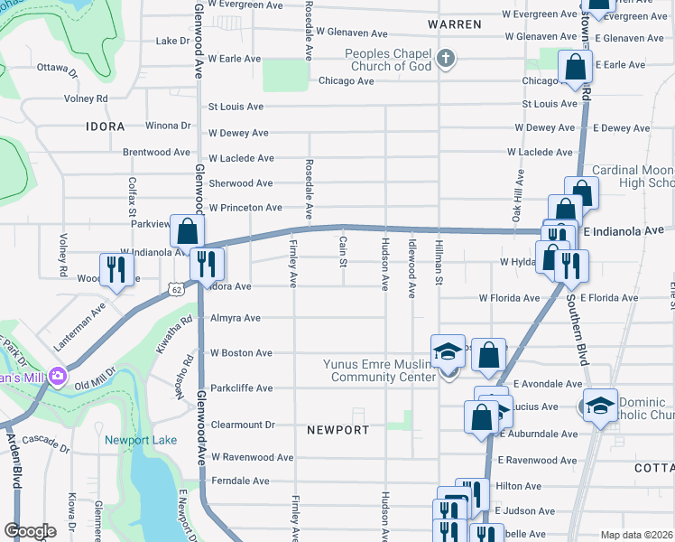 map of restaurants, bars, coffee shops, grocery stores, and more near 2806 Cain Street in Youngstown