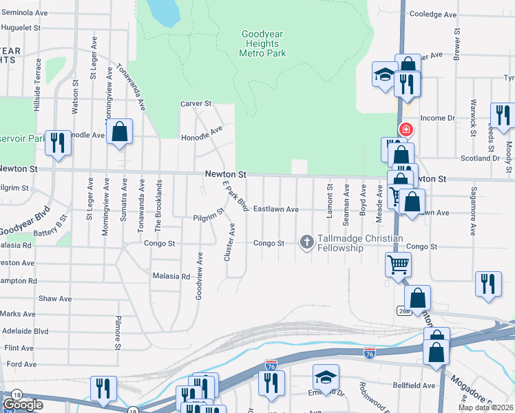 map of restaurants, bars, coffee shops, grocery stores, and more near 344 Booth Avenue in Akron