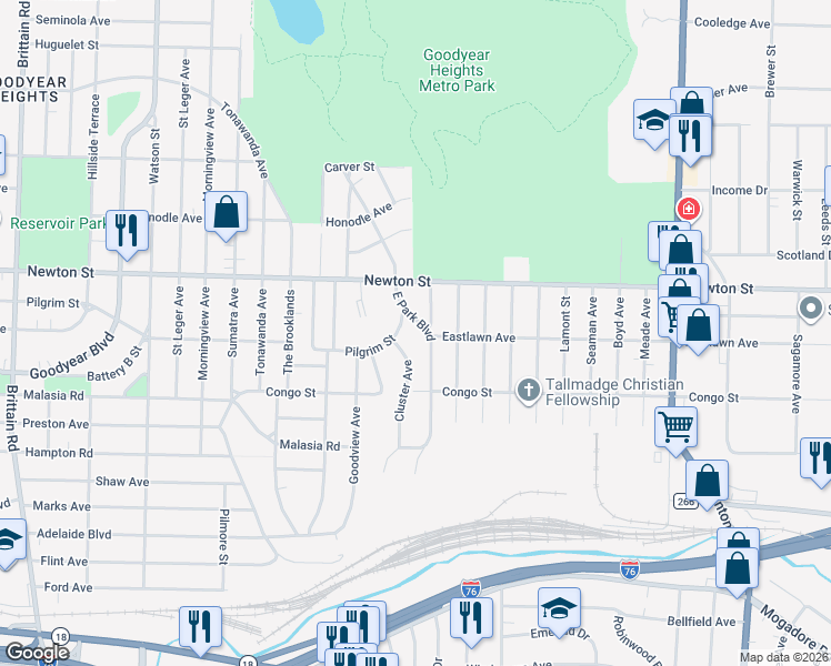 map of restaurants, bars, coffee shops, grocery stores, and more near 344 Booth Avenue in Akron
