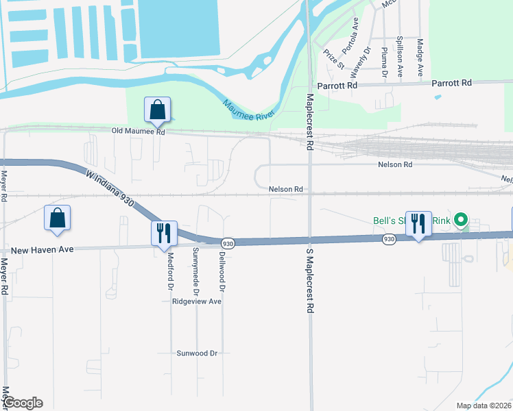 map of restaurants, bars, coffee shops, grocery stores, and more near 1701 Estella Avenue in Fort Wayne