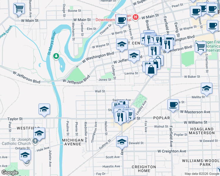 map of restaurants, bars, coffee shops, grocery stores, and more near 1701 College Street in Fort Wayne