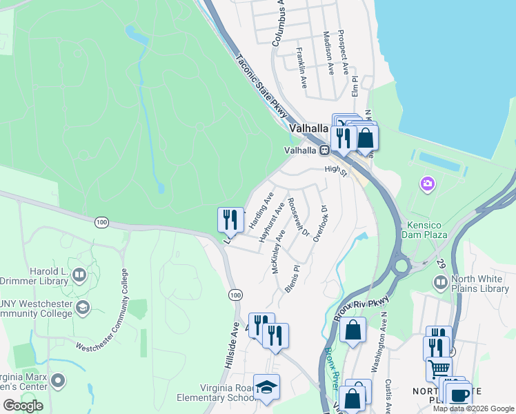 map of restaurants, bars, coffee shops, grocery stores, and more near 100 Legion Drive in Valhalla