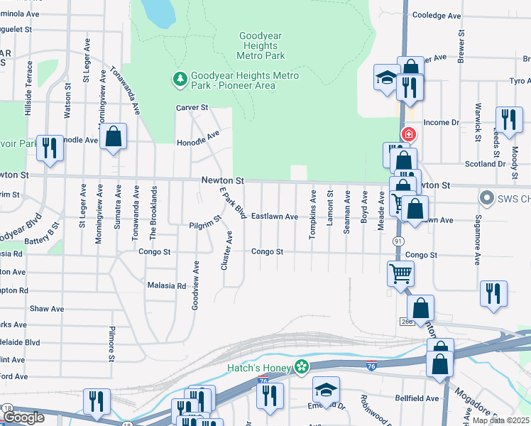 map of restaurants, bars, coffee shops, grocery stores, and more near 2045 Eastlawn Avenue in Akron